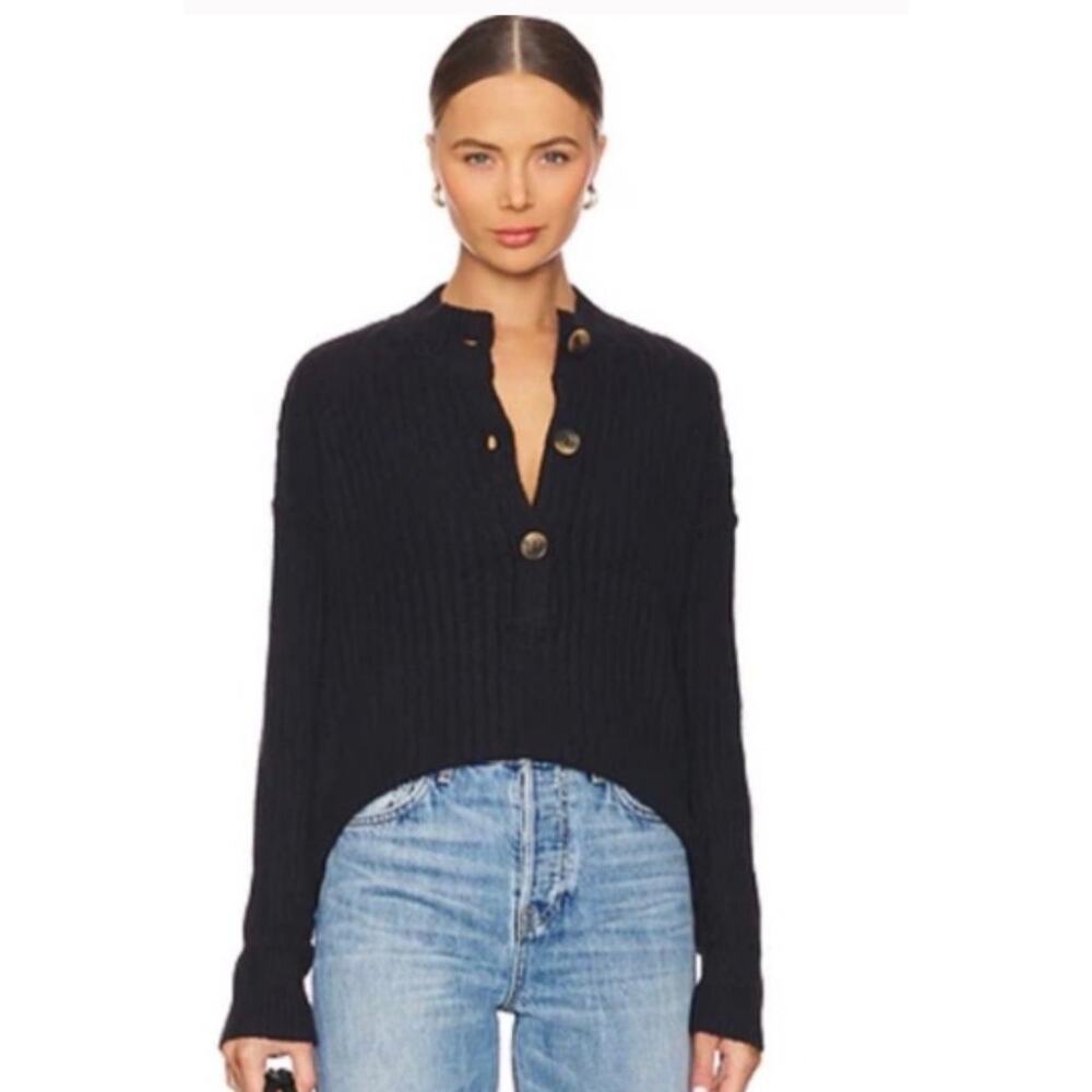 Free People Women's Cocoa Henley Pullover Sweater Black Relax Soft Sz L